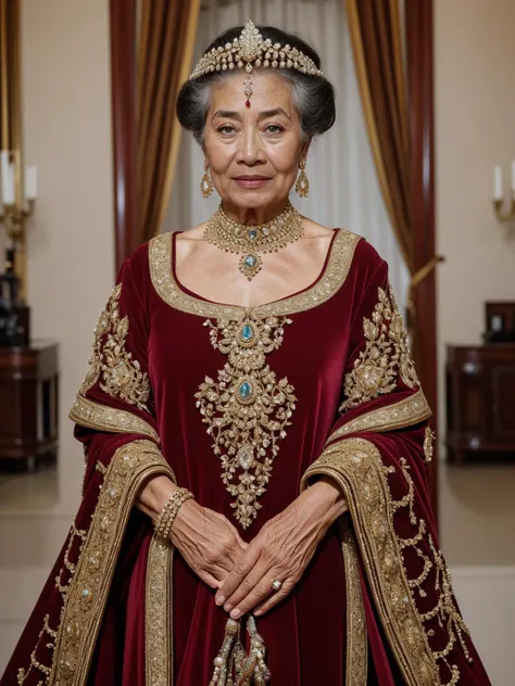 [professional::0.3][intricate:0.3:0.7][digital:0.7]-photography, (SFW), a 70-year-old Thai, piercing-eyes,annoyed, her name is Sandra, an 18th century noble woman wearing an opulent and extravagant court-dress, she has opulent jewelry with diamonds, high i...