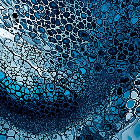 a close up of a painting of blue and black bubbles