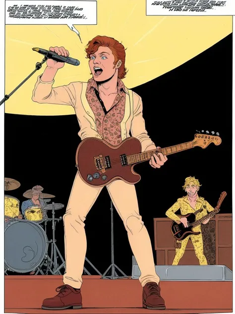 comic <lora:History_of_Rock_v2-000050:0.8> histr0ckstyle, a 25-year-old-ginger-man on stage, singer, band behind the singer, flat colors . graphic illustration, comic art, graphic novel art, vibrant, highly detailed