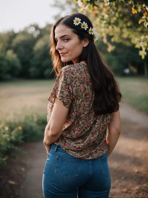 a woman with a flower in her hair standing in a field