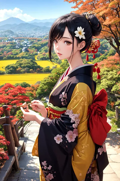 official art, beautiful woman, kyoto, paint kimono, black hair, topknot, flower Japanese hairpin, cowboy shot, outdoors, Autumn, colored leaves, flower fields, paths, mountains changing colors in the distance