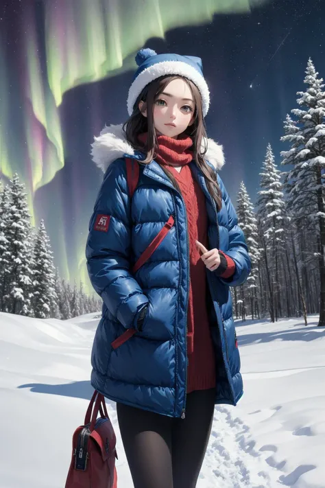 Official art, beautiful woman, Alaska, winter, down jacket, knit cap, winter wear, aurora, starry sky