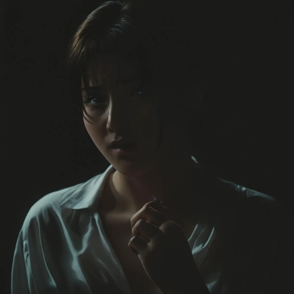 cinematic film still of  <lora:Chiaroscuro Lighting Style:0.7>Chiaroscuro Lighting Style
  <lora:BB_Reika Kitami:1> Reika Kitami:
dramatic, cinematic, shadow, partially covered in shadow, a woman with her hands on her head Chiaroscuro Lighting Style, solo,...