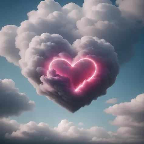 a heart shaped cloud with a pink neon heart in the middle