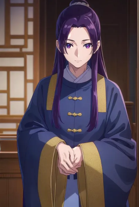 jinshi, <lora:jinshi s1-lora-nochekaiser:1>,
jinshi, long hair, (purple eyes:1.1), purple hair, male focus, hair bun, (parted bangs:1.5), smile,
BREAK long sleeves, wide sleeves, chinese clothes, robe, hanfu,
BREAK indoors,
BREAK looking at viewer, (cowboy...