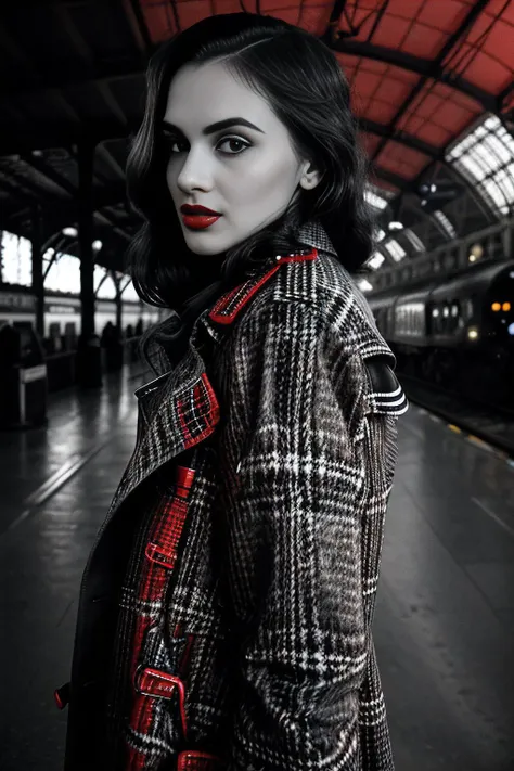 a (vintage black and white photograph:1.2) of beautiful (C4ryn41:1.1) woman,as a secret agent during WWII,wearing a long (tweed trench coat:1.2),(bright red lipstick:1.4),carrying an attache case,with long hair,standing on railway platform at (Paddington S...