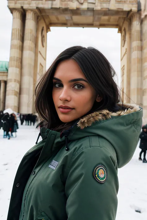 a realistic photograph of fit and thin beautiful (C4ryn41:1.1) woman as a beautiful tourist in a dark green parka standing in the snow near the brandenburg gate in berlin,dark night,light flurries,taken with Nikon D850,Nikon AF-S 85mm f/1.4G lens,photo rea...