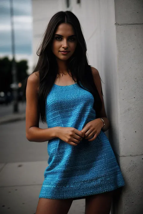 Realistic photo of a beautiful (C4ryn41:1.1) woman,1girl,solo,long hair,looking at viewer,smile,long blue chanel dress,detailed eyes,parted lips,sleeveless,lipstick,hand on hip,realistic soft lighting,professional Photography,Photorealistic,detailed,RAW,an...