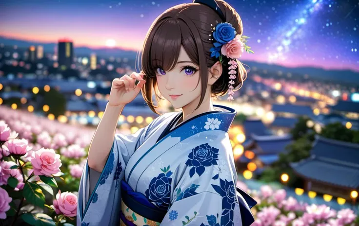 sexy,seductive, 

anime girl, night, blue light behind her,  ((Galaxy, Lens flare)), short hair, flower field, night sky, cinematic shot. Wallpaper. (Blue color schema), detailed background, a city in the distance (masterpiece),(highest quality),highres,(a...