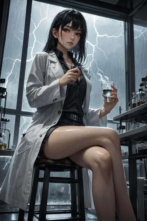 best quality,extremeow angle,masterpiece,beautiful and aesthetic,16K,(HDR:1.2),closeup,focus on leg,A Japanese girl in a lab coat and shorts,sitting on a high stool with her legs crossed,holding a smoking beaker in her hand,close-up shot from a low angle,d...