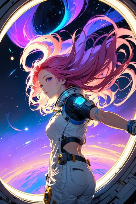 masterpiece,best quality,Cell shaded illustration. Petite female astronaut with very long glowing light red hair,hair floating in zero gravity,floating in the window of her space station looking at a vibrant,blue and violet nebula,Shoulders back. perfect f...