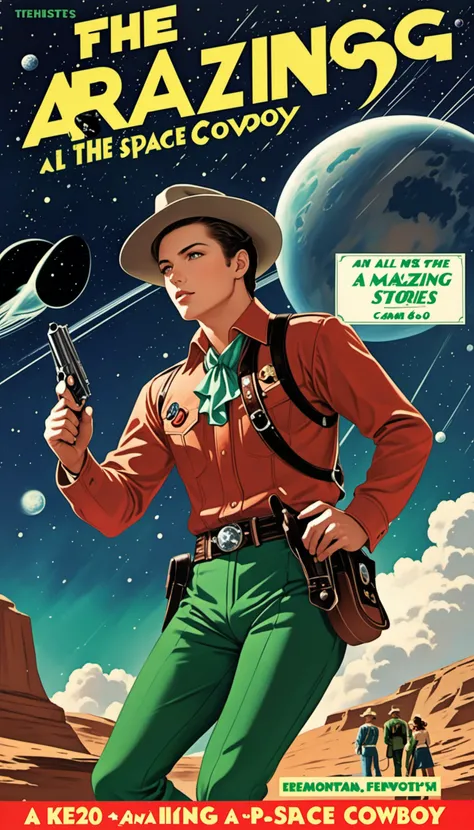 a cover for a comic book, a comic book cover about all space cowboy, 1 cowboy wearing a hat in the style of amazing stories, 1940s 1950s, red and green, comic art, realistic genre scenes, romanticized realism dynamic