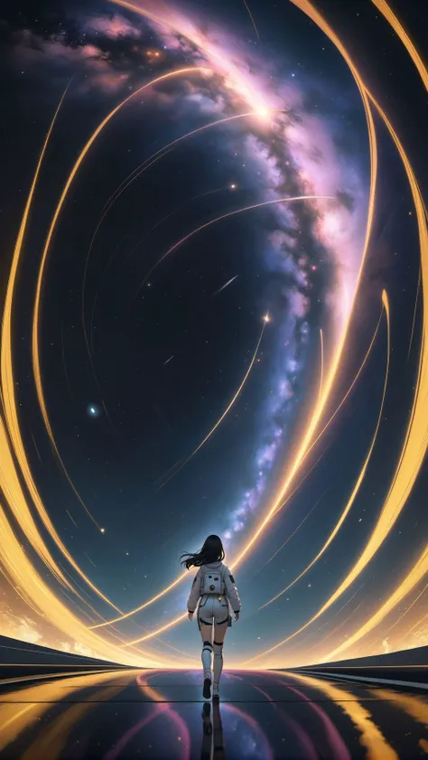 cosmos, (galaxy:1.4), (columns on the two side of the road, illuminated road), (illuminated columns:1.2), reflection, ray tracing, in the space, 1girl, solo, 1girl runs towards the galactic spiral, long black hair, back, astronaut suit, realistic anime art...