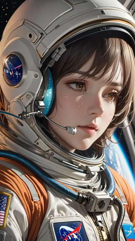 masterpiece,best quality,8k,extremely detailed,beautiful,ultra highres,game cg,cgi,official art,extremely detailed face,realistic,realism light,light render,best anatomy,space,ISS,spacesuit,from side, headset,a hose leading to the lower part of the helmet,...