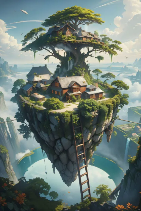 surreal,floating island,<lora:island_xl_floating:0.7>,realistic art style,ladder,, (masterpiece, best quality, high quality, highres, ultra-detailed),