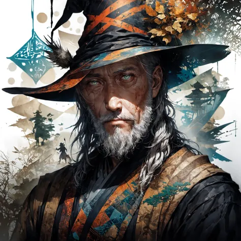 realistic anime art style, realistic art style mysterious silhouette of an old witcher with hat and braided beard,by Minjae Lee,Carne Griffiths,Emily Kell,Steve McCurry,Geoffroy Thoorens,Aaron Horkey,Jordan Grimmer,Greg Rutkowski,amazing depth,double expos...