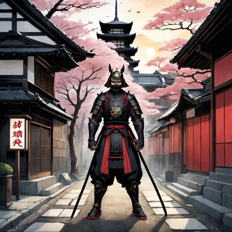 realistic anime art style, realistic art style A samurai warrior ghost is standing in a old japanese street blocking the way,ready to stop every passenger. colorful in red and black,with gold ornaments,tall buildungs,narrow path,face mask,fighting stance,a...