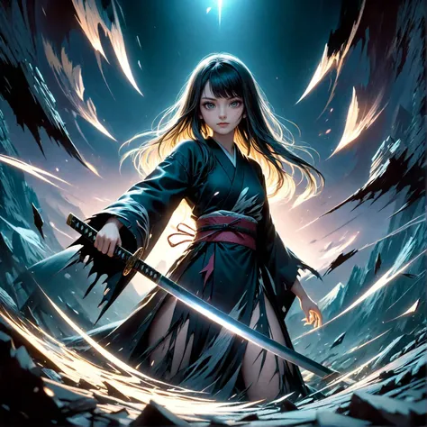 realistic anime art style, realistic art style realistic anime art style,realistic art style breathtaking 1beautiful stunning 18yo girl sheething her sword with incredible speed cutting the background landscape into two parts even cutting reality,torn kimo...