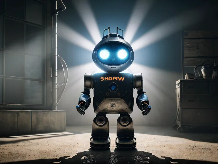 RAW photo of  robot ,Full body shot , the image depicts a large, metallic robot with glowing blue eyes standing in front of a large, industrial-looking building with smokestacks, The robot is wearing a pair of goggles on its head and has a large, metallic ...