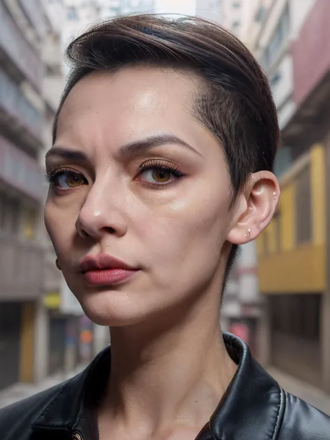 UHD photo of Hong Kong, skin color pale brown , Establishing shot, (((face:Square Oblong Face, drooping eyelids, [eye color amber], Nose with an Amorphous Shape, soft lip contours, high cheekbones, pointed chin)), wearing punk), background a narrow alley w...