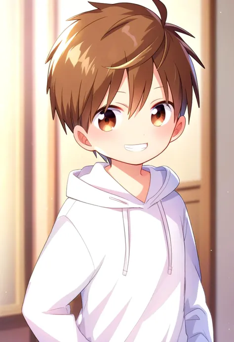 anime boy with brown hair and white hoodie standing in front of a window