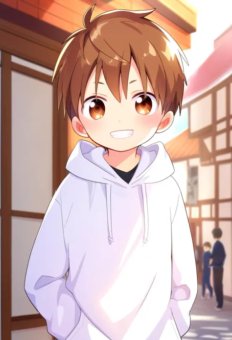 anime boy in white hoodie standing in front of a building