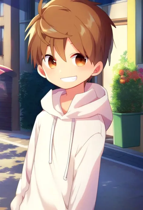 anime boy in white hoodie standing in front of a building