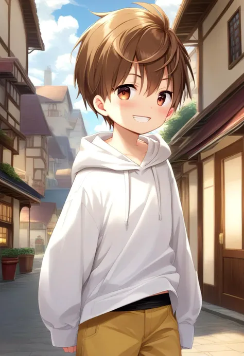 anime boy in white hoodie standing in front of a building