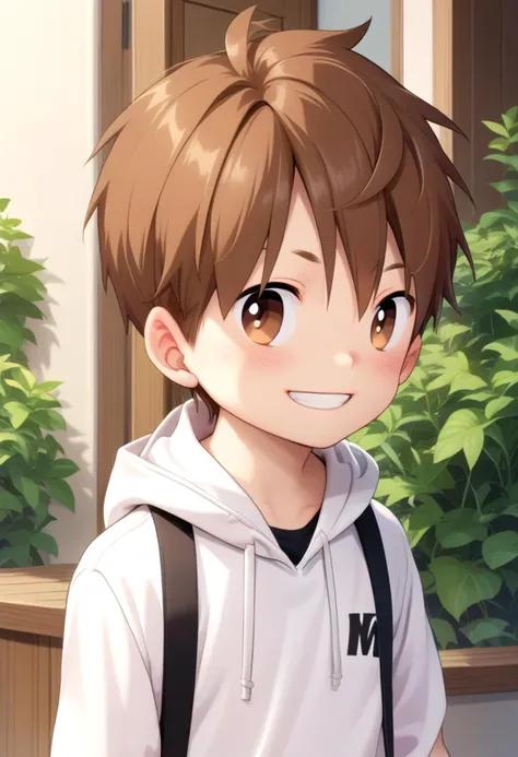 anime boy with brown hair and backpack looking at camera