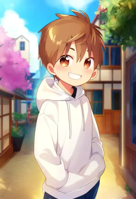 anime boy in white hoodie standing in alley with trees in background