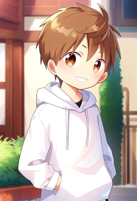 anime boy in white hoodie standing in front of a building