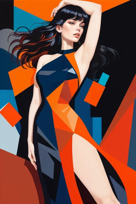 A painting of MargauxCipher wearing a flowing dress, with cubist elements, closeup, precisionist art, shiny/glossy, highly realistic, burnt orange and deep navy blue, pixelated portraits, bold geometrics