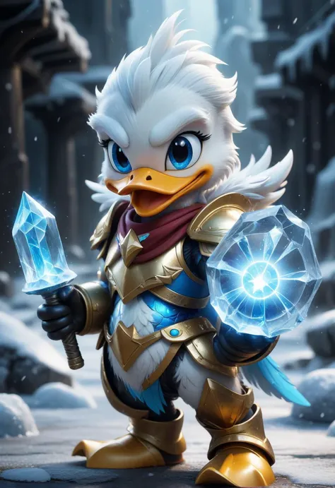 Awesome illustration,Nuclear powered,baby donald duck armor,weapon in hand,Conduit,ice energy,8K texture,lurred scene