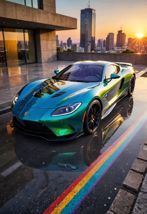 perfect rainbow sport car, shiny, sun ray, sunrise, reflects, building roof top