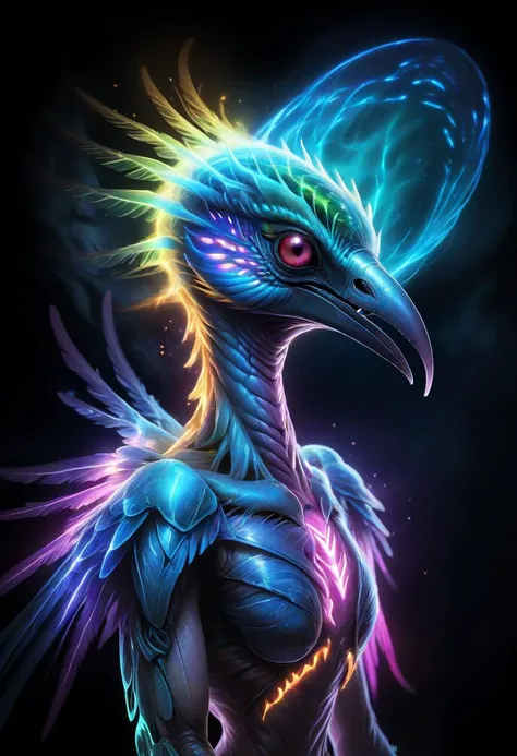 Realistic portrait of（Alien bird),transparent wings，Colorful,neon,Will-o-the-wisp，storm wind,fog