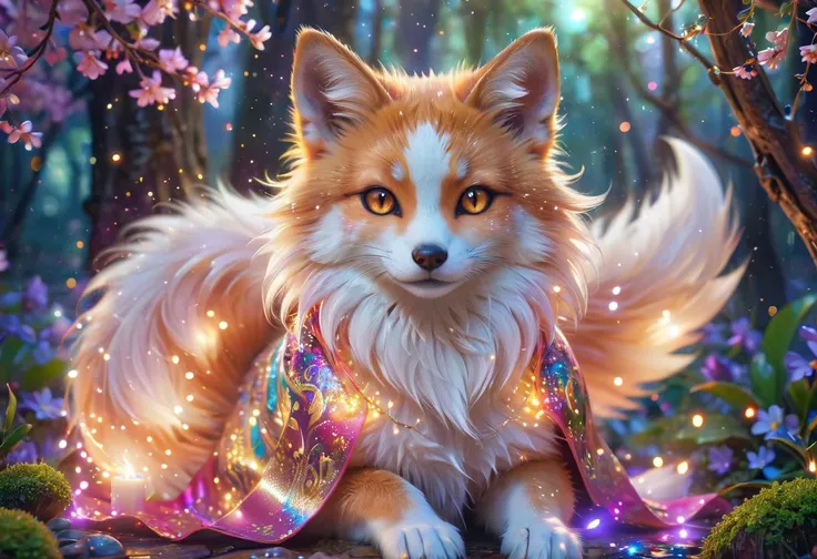 xdlx style, realistic photography of a cute magical kitsune with cunning intelligence in an enchanted wonderland, beautiful whimsical fantasy art concept, detailed background, glowing particles, intricate details, ultra sharp, realism <lora:xdollx-:0.8>