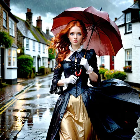 32) A human woman wears Victorian era gown as she walks along cobblestone streets of small English village, her red hair flowing gracefully around shoulders while holding large umbrella overhead protecting herself from pouring rain making everything look m...