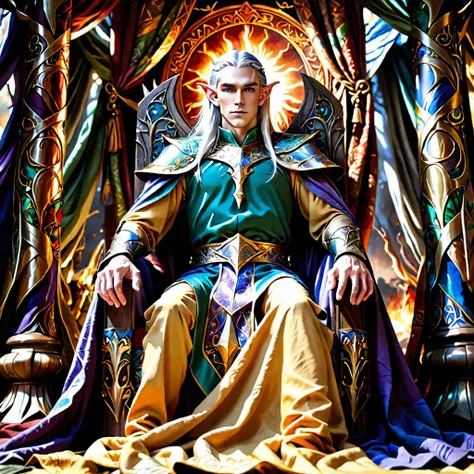 2) An ancient elf king stands upon his throne surrounded by tapestries depicting scenes of battles won & lost against dark forces that once threatened existence entire elven race thousands years ago now long since vanished into oblivion thanks largely effo...