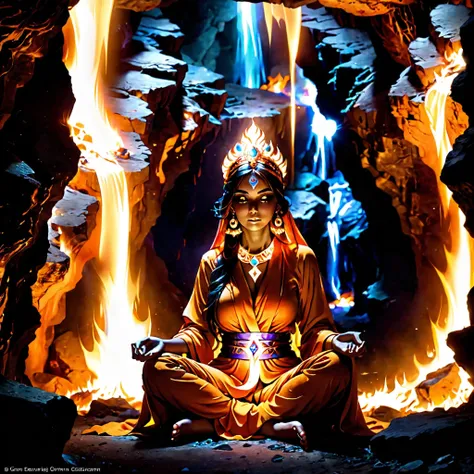 6) An ancient djinni master sits cross legged inside dimly lit cavern where fire burns bright orange in center illuminating surroundings slightly but not quite enough reveal entire picture at once instead allowing imagination do rest of work since no one c...