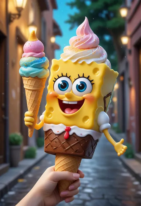 Awesome illustration,happy time,baby spongebob,ice cream in hand,8K texture,lurred scene