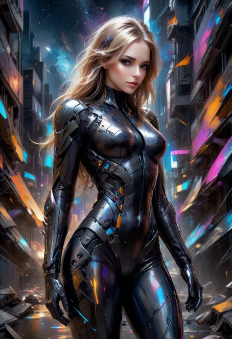 a woman in a futuristic suit standing in a city