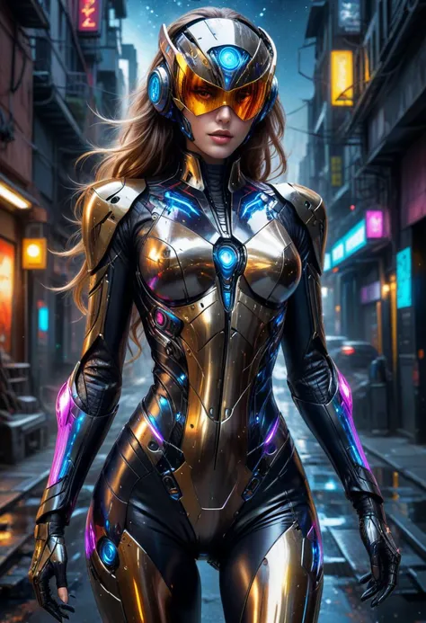 a woman in a futuristic suit and goggles walking down a street