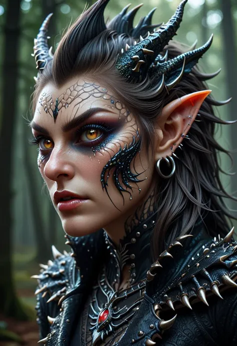 a close up of a woman with a dragon face and horns