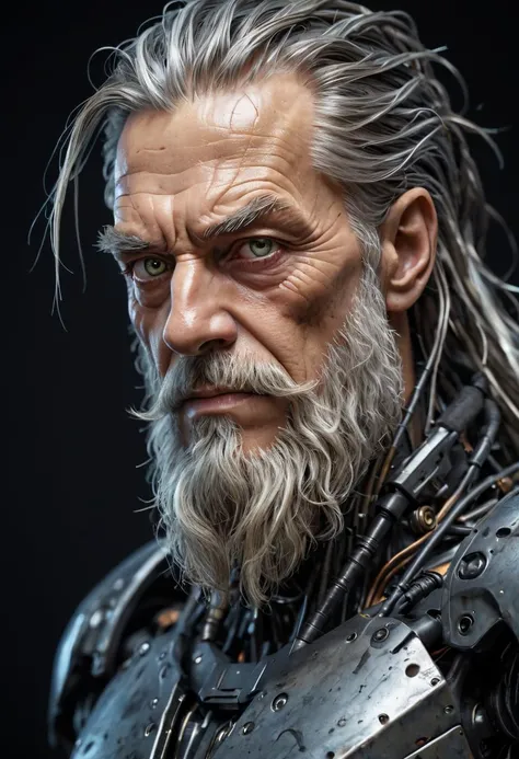 grizzled old cybernetic robot warrior, wide shot, old man, stringy greasy hair and beard, high contrast, dramatic shadows, against a darkened gradient background. android, AI, machine, metal, wires, tech, futuristic, highly detailed,