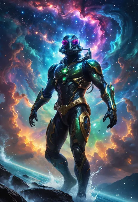 ethereal fantasy concept art of ral-ledlights frogman, against a nebula background, . magnificent, celestial, ethereal, painterly, epic, majestic, magical, fantasy art, cover art, dreamy,