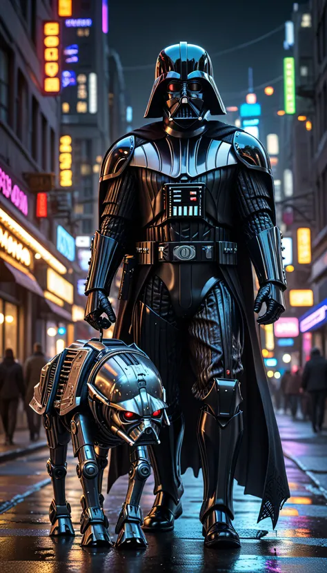 wide shot, a very tall Lord Darth Vader in full armor, walking with a tiny AT-AT like a pet dog. busy city night scene. rim lighting, art Nouveau influences, cyberpunk neon cityscape, delicate lace and silk textures, whimsical yet dark atmosphere,