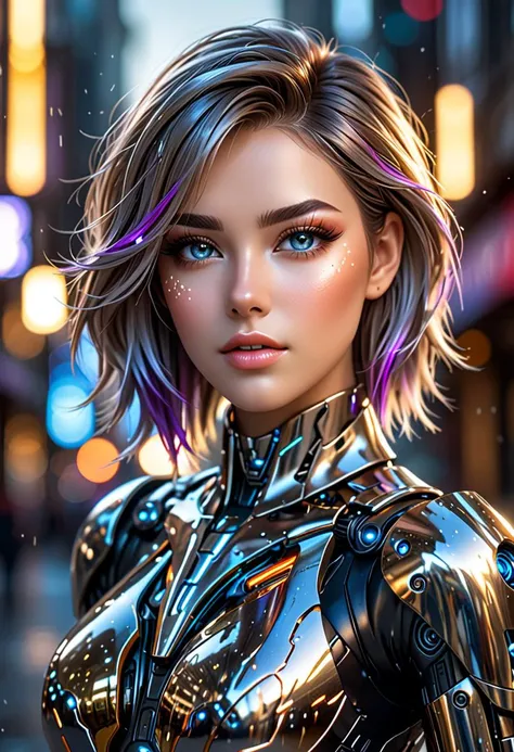 cybernetic robot medium shot photo of cyborg wearing scratched and tarnished futuristic armor in a destroyed futuristic city, android head, fantasy, sci-fi, beautiful feminine face, seductive, sexual, mist, vivid alluring eyes, best quality masterpiece, ph...