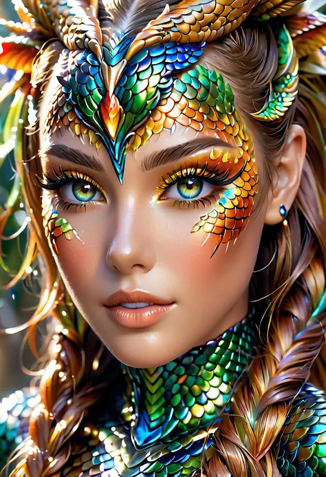 a woman with a dragon headdress and colorful makeup