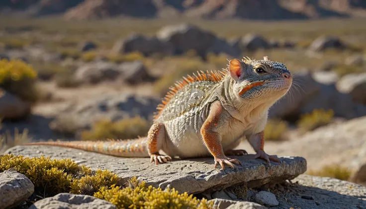 Fairy tale cinematic film still Hybrid between hamster and (iguana:1.2) mixed together in a unique animal, wide shot, looking at viewer, on a flat rock with multicolored  lichen in the desert, four legs, sharp focus, natural lighting,  <lora:SDS_Contrast t...