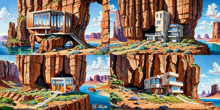 (popular science concept illustration rendered in colored pencil on paper:2), (scibu scifi cube tiny house built out of the cliff face of a Monument Valley mesa:1.3), the mesa rock is  partially hollowed out and half  the house is inside it), (windows out ...